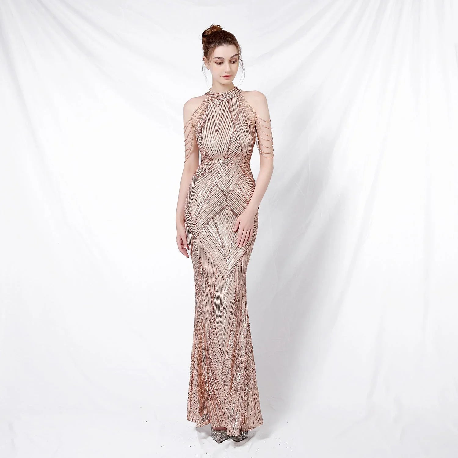 Backless Evening Dress Women Party Dress Long Wear Sequin Fabric Cheap - VAleG