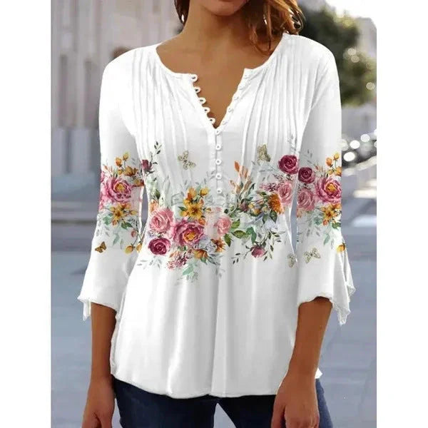 Women's Floral Printed V-neck Short Sleeve Button T-shirt - VAleG