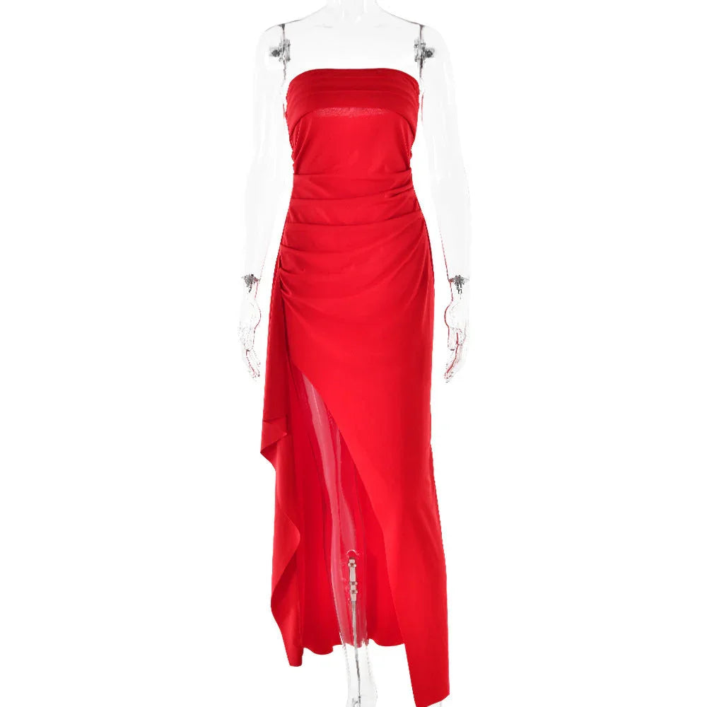 Strapless Split Long Dress Summer Fashion Pleated Bridesmaid Dress For Womens Party Wedding Clothing - VAleG