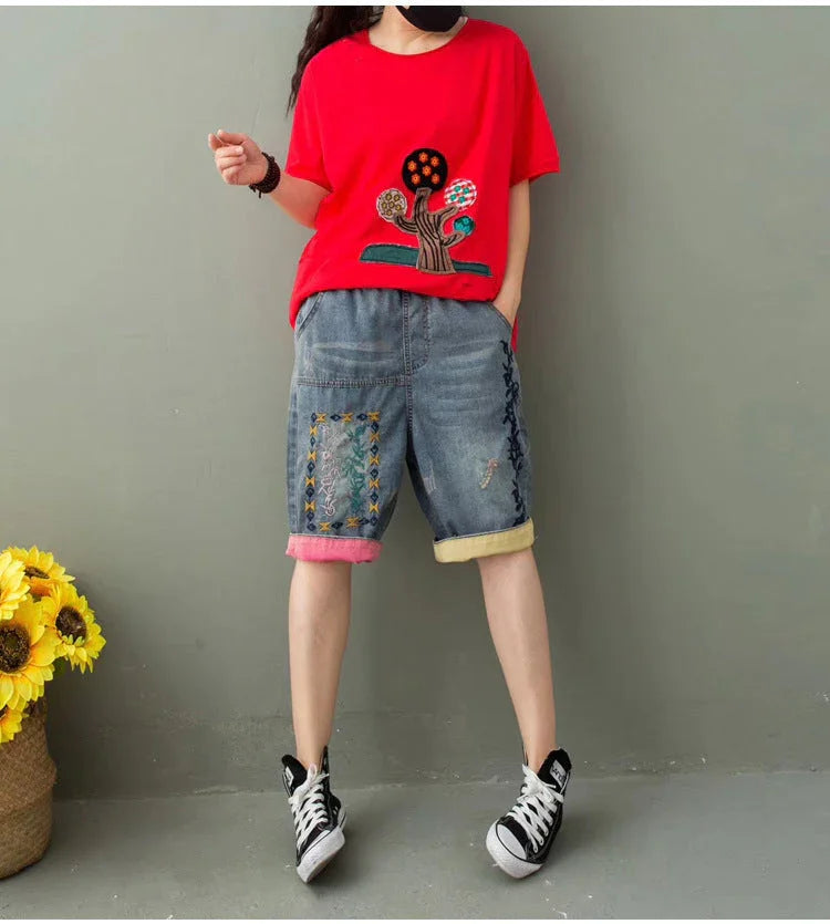 Women's Summer Ethnic Style Embroidered Denim Five-point Pants - VAleG