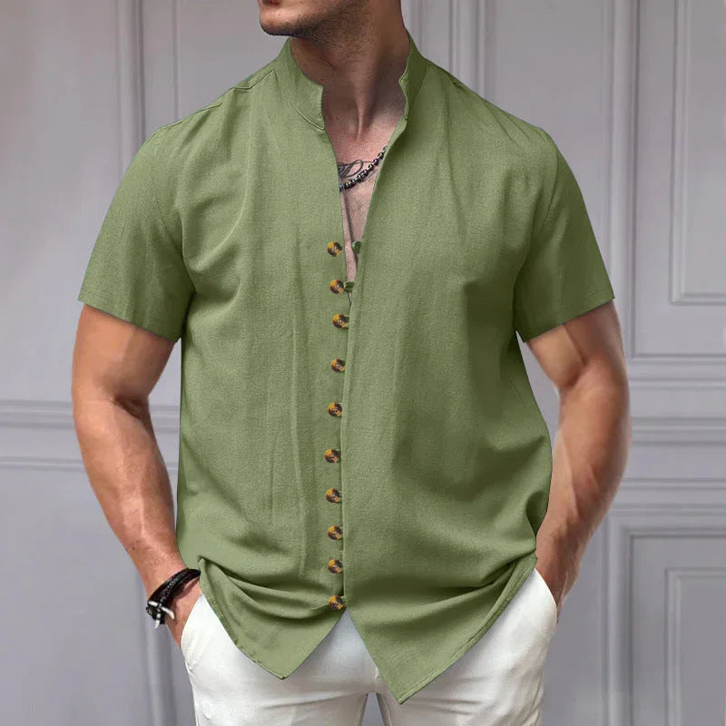 Linen Button Stand Collar Short Sleeve Shirt - VAleG