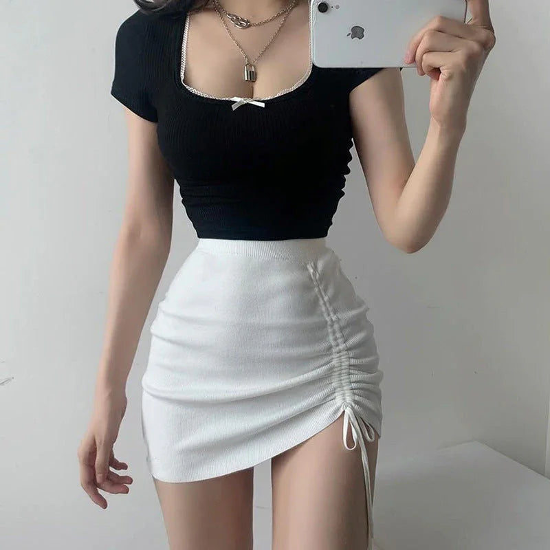 Hot Girl Hip Skirt Design High Waist With Straps Stretch Knitted Women's Skirt - VAleG