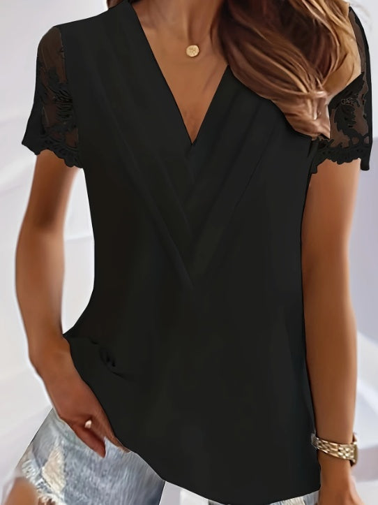 Contrast Lace Tucked Blouse, Casual V Neck Short Sleeve Blouse VAleG