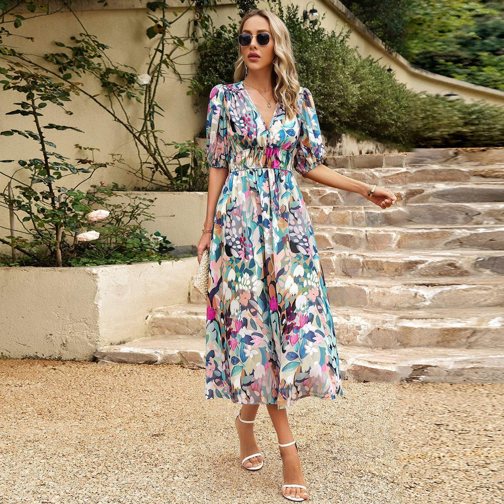 New V-neck Printed Short-sleeved Long Dress Summer Fashion Slim Seaside Vacation Beach Dresses For Women Clothing - VAleG