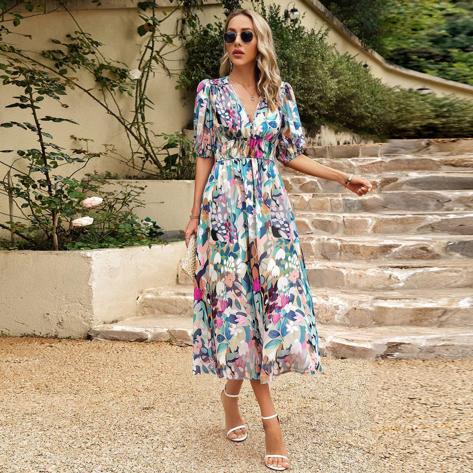 New V-neck Printed Short-sleeved Long Dress Summer Fashion Slim Seaside Vacation Beach Dresses For Women Clothing - VAleG