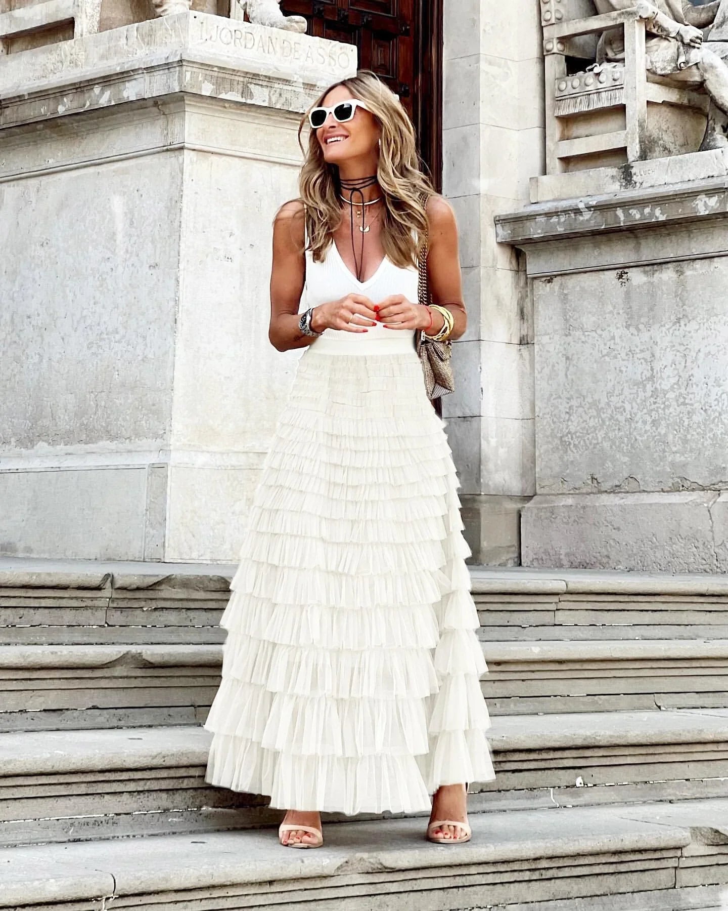 Layered Ruffles Cake Skirt Summer Fashion A Line Swing Mesh Long Skirt Party Dress Women - VAleG