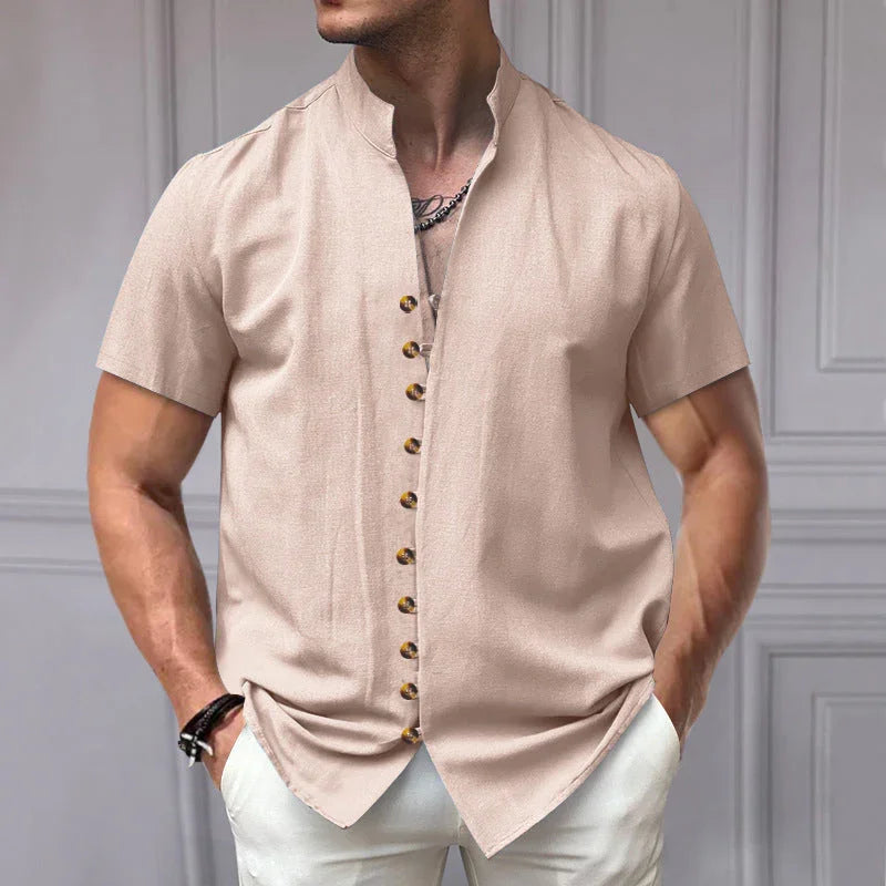 Linen Button Stand Collar Short Sleeve Shirt - VAleG