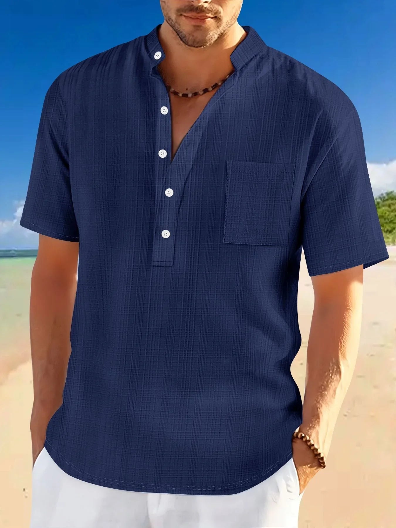 Stand Collar Short Sleeve Loose Leisure Vacation Henley Shirt - VAleG