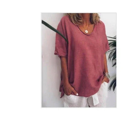 Cotton And Linen Solid Color Short-sleeved T-shirt Women's Casual Coat - VAleG