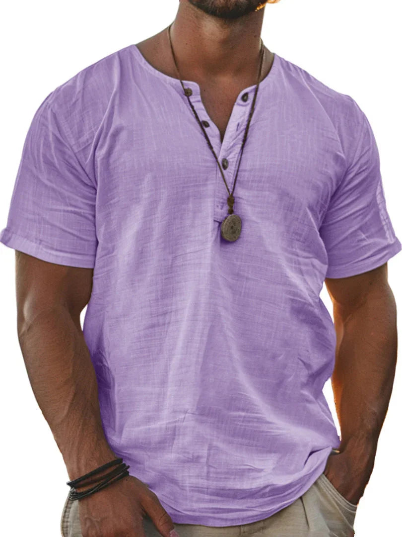 Men's Fashion Wear Men's Stand Collar Half Cardigan 4 Button Short Sleeve Shirt - VAleG