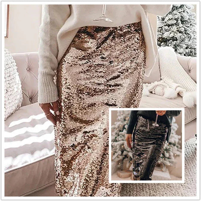 Sequined Glittering Bag Hip A Line Skirt - VAleG
