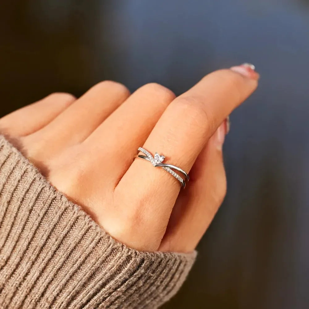 925 Sterling silver Inlaid Zircon Heart Open Ring - VAleG