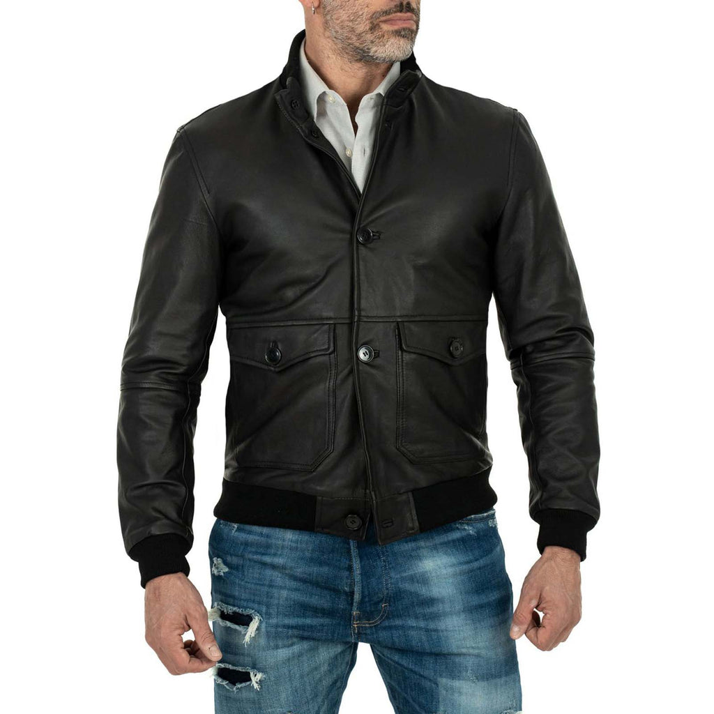 Giacca Bomber In Vera Pelle Nera Uomo Slim Con Bottoni E Tasconi Rindway