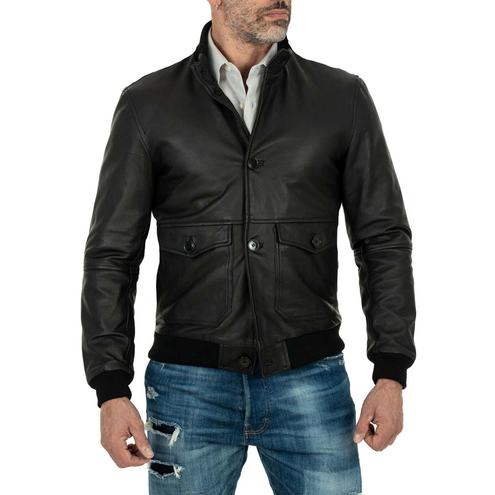 Giacca Bomber In Vera Pelle Nera Uomo Slim Con Bottoni E Tasconi Rindway