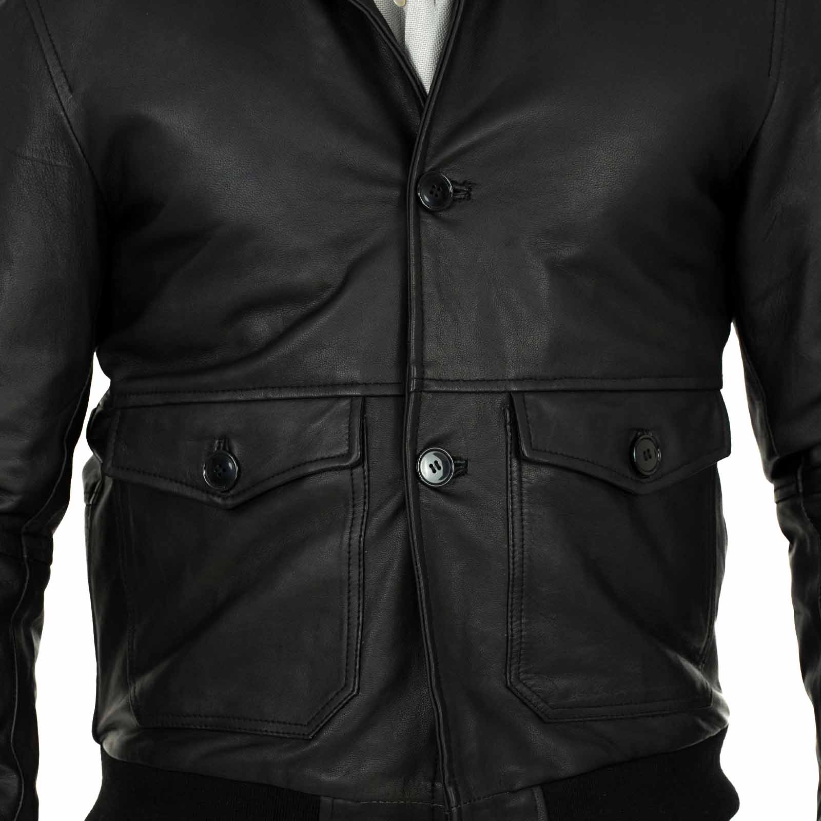 Giacca Bomber In Vera Pelle Nera Uomo Slim Con Bottoni E Tasconi Rindway