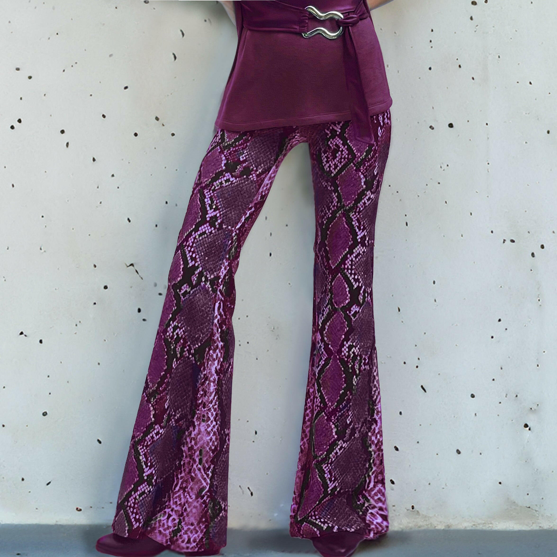 Pantaloni a Zampa Pitone Verde Bordeaux Anni 70 in Crêpe Elasticizzato -